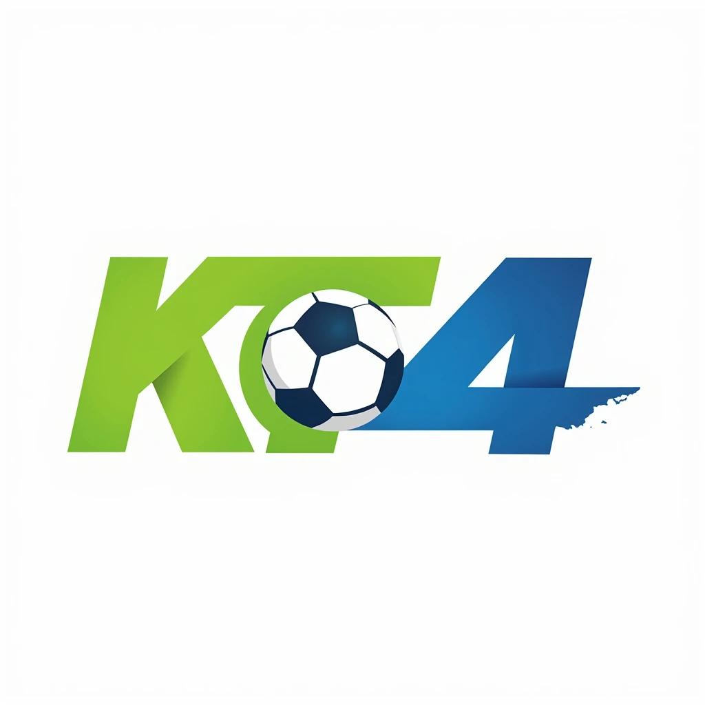 Create a flat vector, illustrative-style lettermark logo design for KT4, where the letters are dynamic and slanted, conveying motion, with a soccer ball styled within the 0 in 40. An energetic color combination of lime green and royal blue represents excit...