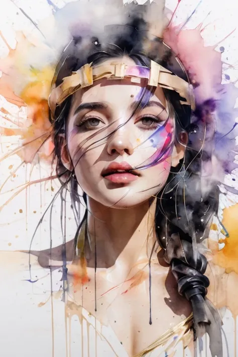 (8k, best quality, masterpiece:1.2),(best quality:1.0), ( ultra highres :1.0), watercolor, a beautiful woman, shoulder, hair ribbons, by agnes cecile,cowboy shot  body portrait, extremely luminous bright design, pastel colors, (ink:1.3), autumn lights,The ...