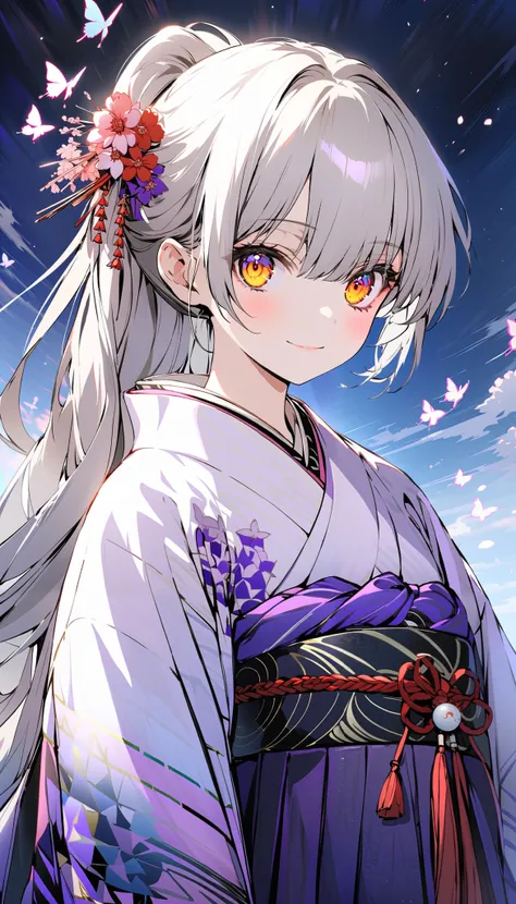 1girl, solo, 18 years old, looking at viewer, smile, closed mouth, silver hair, ponytail, long hair, long sleeves, golden eyes, full moon, flower, japanese clothes, wide sleeves, kimono, hair over one eye, sky, butterfly, hakama skirt, egasumi, yagasuri, p...