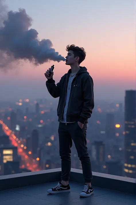 Standing in rooftop and smokin vape