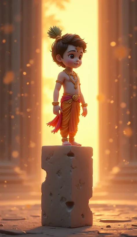 Very attractive eye-catching little krishna standing, in divine light. touching his feet on the big, long vertical heavy stone, lying on the floor. in Indian traditional dress and jewellery. cute . Cinematic 3d cartoon type realistic ultra 4 k image.