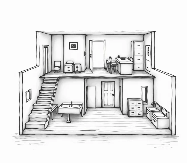  Hello SeaArt ,  Can you help me draw a picture or diagram of the interior of the house including the following,  "table , kitchen, chair,  foyer , Ground floor , bedroom, floor,  bathroom and stairs” A simple picture ， easy to draw please 