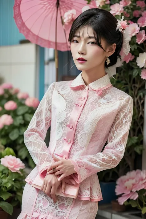 A Korean man in ladies vintage suit dress, he is crossdresser, body like a woman, slender female body, His hairstyle is short and manly, white and pink, long sleeves, Rich lace and frills, short jacket, mermaid line long skirt, silk