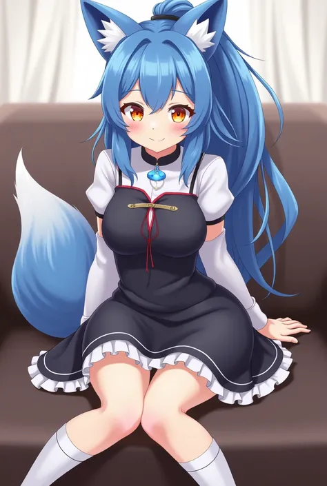 Girl with blue hair, forming a high ponytail, blue fox ears and one fluffy fox tail. She has orange eyes. She wears a collar with a symbol of ghost on it and black dress, connected to the collar with two straps and slightly revealing her chest. Also she ha...