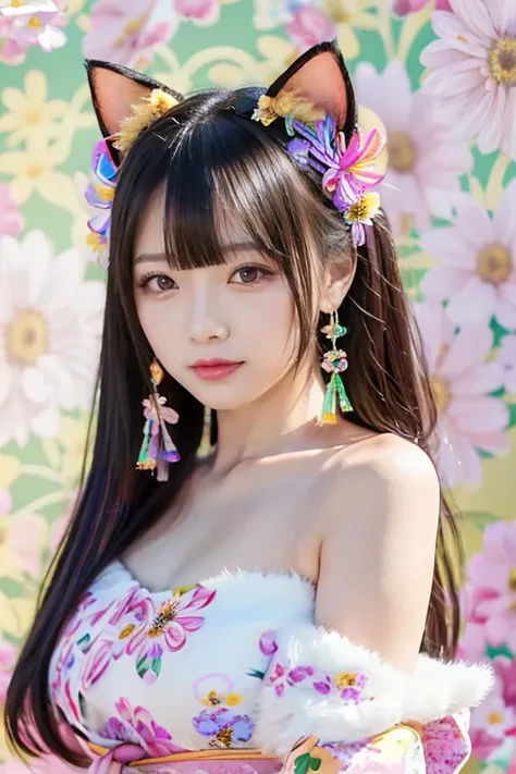  Japanese woman like an idol ,Long Hair ,  straight hair , Round face , bust up , 8k,  best quality, masterpiece,  picture of a beautiful girl in a lot of flowers, (Flower Shower:1.2), (medium breast),  gloves blushed, ( Japanese idol :1.6), break, (cat ea...