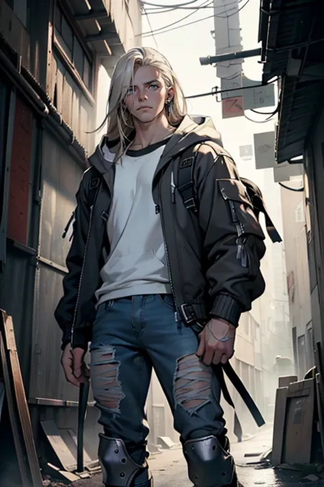 ((masterpiece)), (((best quality))), solo, 1 male, apocalyptic world, pale white skin, platinum blonde hair, ((shoulder-length hair)), ((straight loose hair)), completely straight hair, side part, handsome young man, blue eyes, lean, tall, thick thighs, ti...