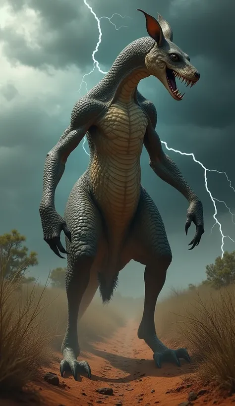 Design a terrifying hybrid creature that merges the serpentine features of a snake with the strength and agility of a kangaroo, creating a single, seamless, monstrous entity. The hybrid should have the elongated, scaled body of a snake, coiled and muscular...