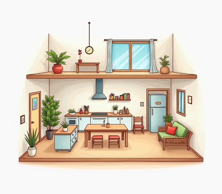  Hello SeaArt ,  Can you help me draw a picture or diagram of the interior of my home with the following,  "table , kitchen, chair,  foyer , Ground floor , bedroom, floor,  bathroom and stairs” A simple picture ，The cartoon is colored, please 