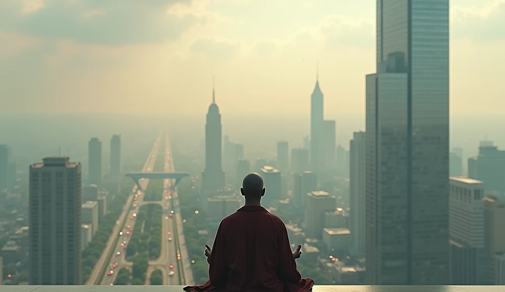 Black american monk meditating on sky scrapper facing camera with aerial view of city in background cinemattic 