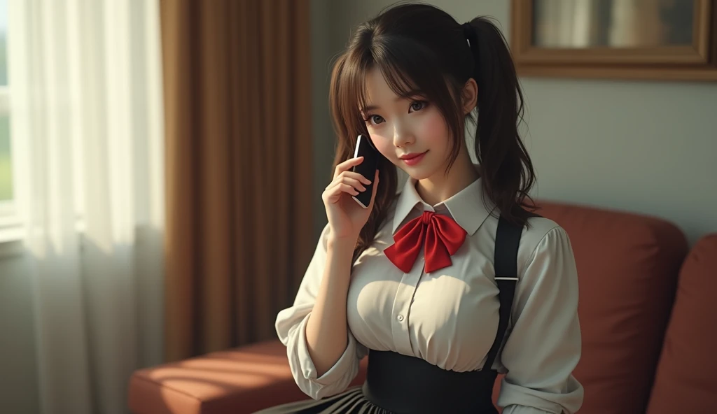  Very realistic photo ，A very realistic photo 片，Hyperrealism，8K，Very realistic picture ， A young girl named Ruby ， This girl looks like a movie star Satomi Ishihara ，Wearing double ponytails， in a white shirt ，Big breasts，Red bowtie， black pleated skirt ，S...