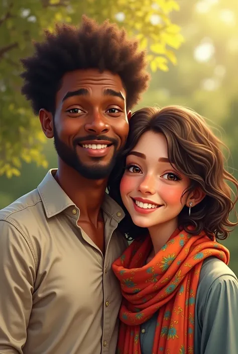 A married couple is a tall, brown man, curly hair, and a white woman with a scarf, smiling while they are in a normal position and smiling 