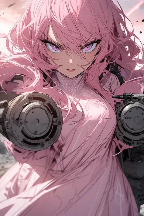 Beautiful woman, light pink dress, reveal, badass look, holding a gatling type machine gun, battlefield, a little close up shot