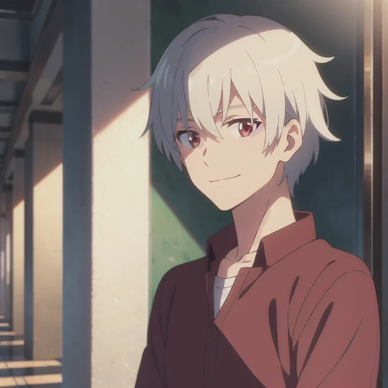 Red Eye, White hair，precise, Short hair, Silver Hair,  Smile, gentle， insert screen,  anime style,  Soft Colors , illustration, a guy