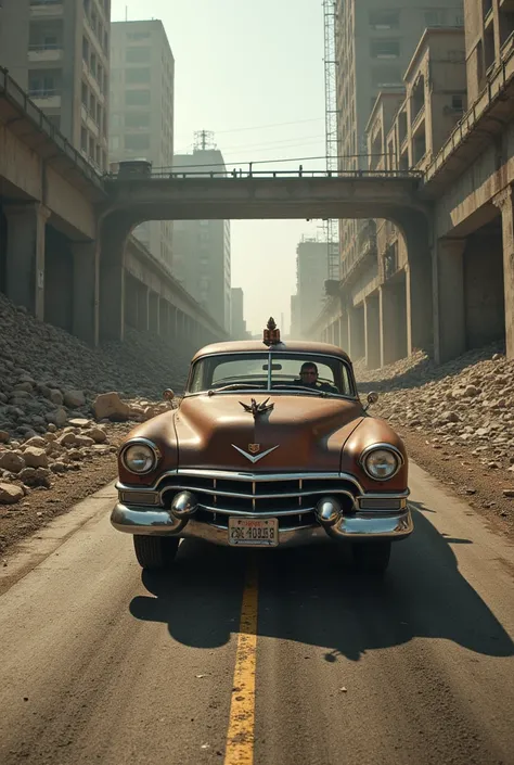  faithful image of an old rusty Cadillac Eldorado from 1955 with spikes and thorns on the hood , military style with modifications,  the car is racing on a suspended street over a destroyed white concrete viaduct in the center of a post-apocalyptic city wi...