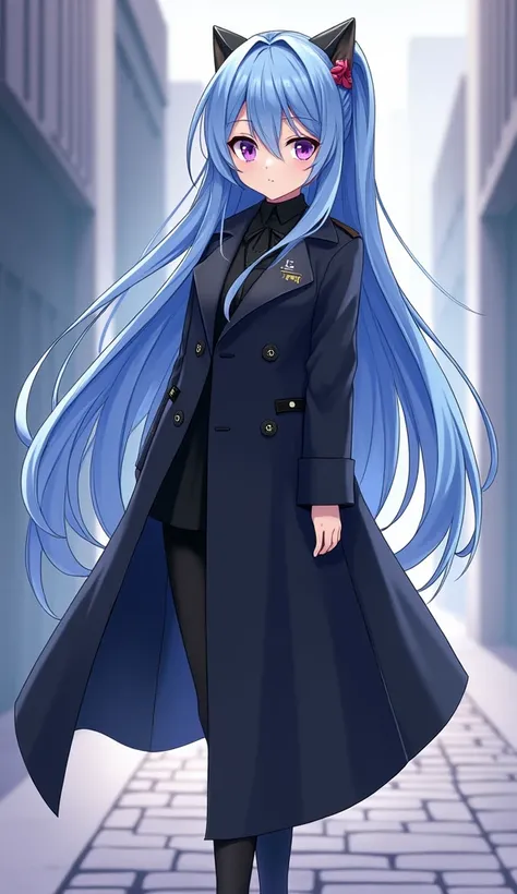 Character portrait　 black long coat　Light blue long hair 　 ponytail　 pretty girl　 anime style illustration　 best quality　High image quality　 high definition , Feet in frame　 best quality 、 4K、8k、High Resolution、masterpiece、 super detailed　 minicaras　 purpl...