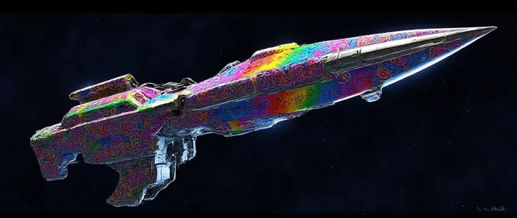 Death star with giant futuristic rifle barrel and futuristic energy blade, covered in rainbow batik pattern and glowing rainbow rune symbols