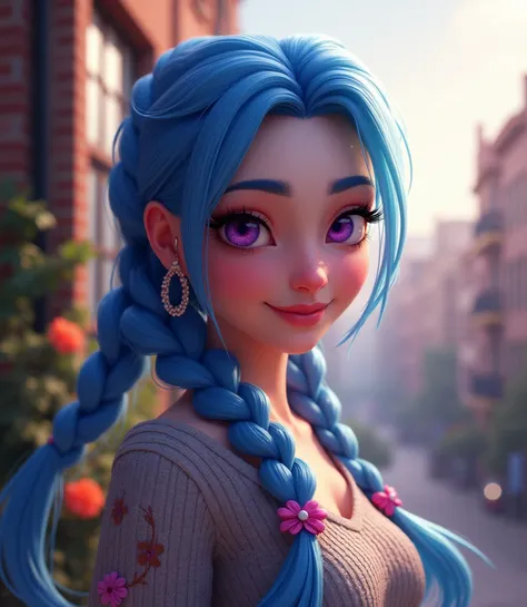 (photorealism1.2) jinx from league of legends, beautiful white 34 years old woman, purple eyes, blue braided hair, one braid, little eyes, grey sweater with flower embroidery, light pink lips, smiling, picture of city by the side of character, morning ligh...