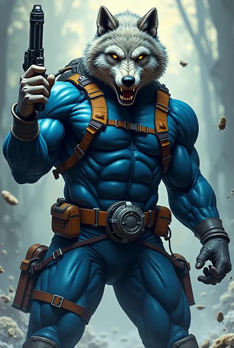 (A rugged beefy very muscular bulky old man), (wearing blue wetsuit), (wearing realistic roaring wolf mask), thumbs up pose, carrying a gun with left hand, wearing bulky scuba gear, wearing rebreather, muscular physique, toned muscles, fierce, heroic, acti...