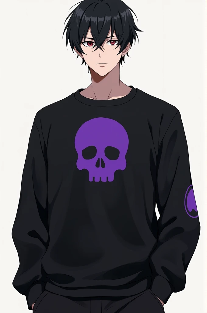 Make me a male anime character who uses plain black hair ,  and wears a long sleeved shirt in black and has a picture of a skull head in plain purple