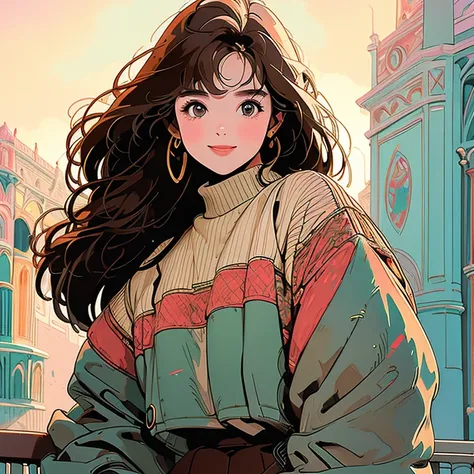 whole body,  upper body、 Beautiful Women、1 person, 4K, sweater、 skirt,  shopping street 、 complex background、 light brown hair 、 detailed hair、smile、 I have a book 