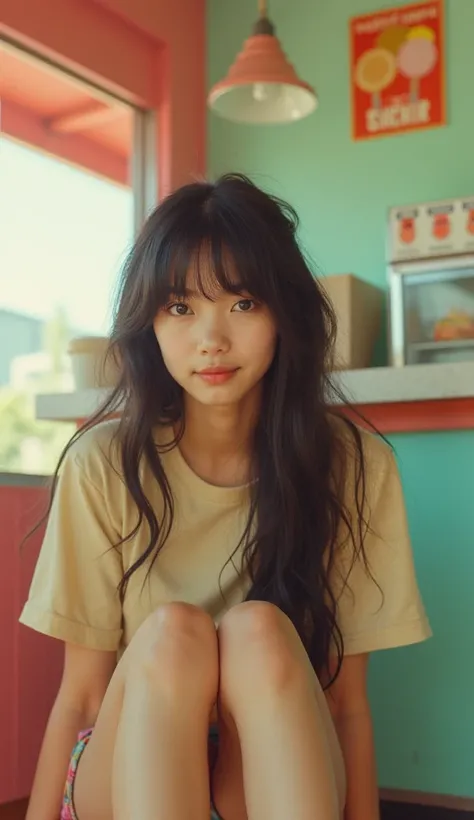 ultra_detail,Long messy hair,_korean_12yo:1.5),Portrait MagMix Girl looking at the camera,A retro ice cream shop with pastel-colored walls, Classic Soda Fountain Counter, Vintage ice cream poster, bathed in warm sunlight, Analog Film Photography, Kodachrom...