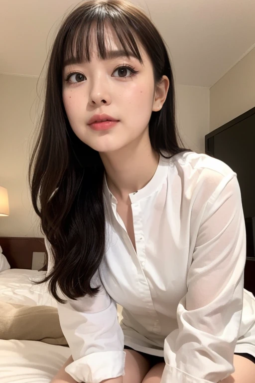 Realistic、 best quality, super detailed,masterpiece, hentele realism ,Photoreal、 bright lighting,1 woman is ,  a very beautiful woman, (Cute:1.2),A faint smile, perfect shiny skin, Perfect Skin,  watch viewers ,Thick lips、(Oval Face)、Even bangs、Hide your e...