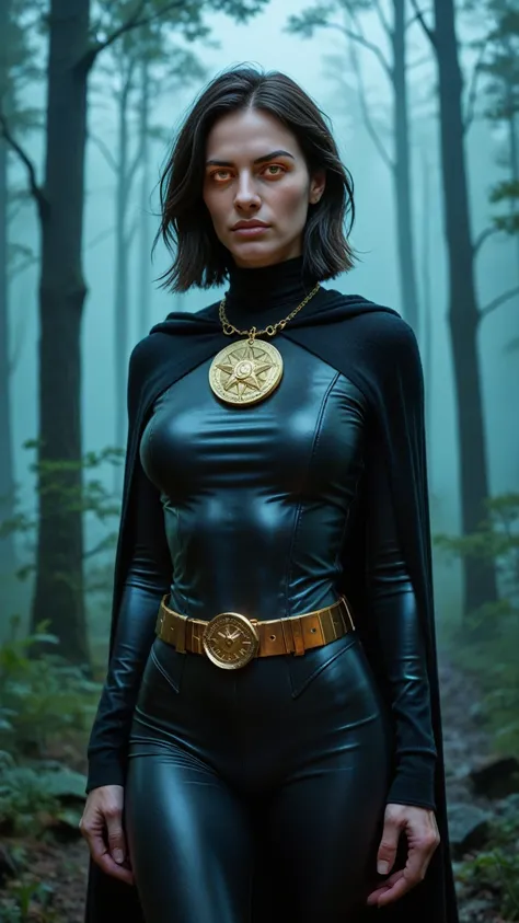 Laura Marano, cowboy shot of rvn, hotraven, pale skin, black LEATHER leotard, turtleneck, tights, cape, glowing eyes, gold belt, jewels, medallion, athletic, looking at viewer, night, dark forest, mist, fog, volumetric lighting, best quality, masterpiece, ...