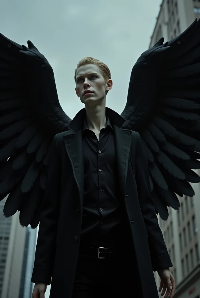 Spreading large black crow wings on his back, 18 year old tall male-like bisque doll, black trench coat, black shirt, slicked-back very short blonde hair, A beautiful bisque doll made of white porcelain that reflects light, Life-size, somber expression, bi...