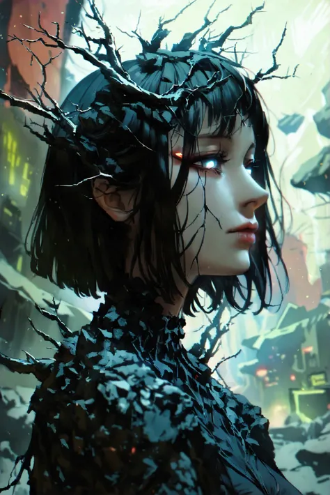 A 32-year-old woman with medium height and an average build, standing amidst a dystopian, cyberpunk wasteland. She has straight black hair that falls just past her shoulders, slightly unkempt, and striking glowing eyes that hint at her mysterious powers. J...