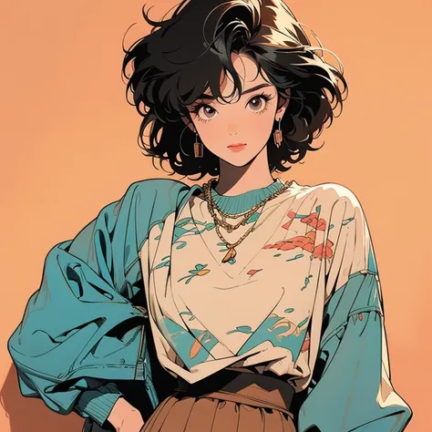 whole body,  upper body,  ,  messy room , Apartment,  1 girl, 4K, Warm colors ,  shorthair  ,  skirt, blouse、Dim lighting、 detailed hair、 perfect face、 80s Fashion 、Retro Color、 best quality、 detailed background、 complex background、sunset