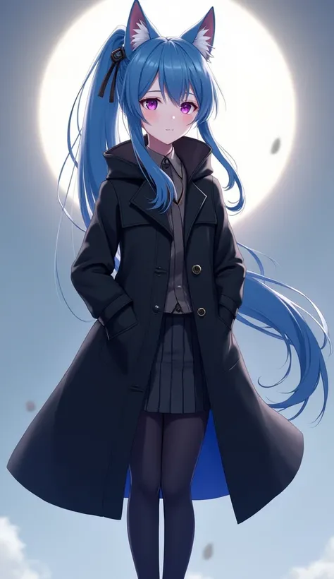 Character portrait　black long long coat　Light blue long hair 　 ponytail　 pretty girl　 anime style illustration　 best quality　High image quality　 high definition , Feet in frame　 best quality 、 4K、8k、High Resolution、masterpiece、 super detailed　 minicaras　 p...