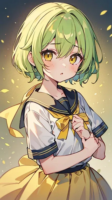 (( light green, A girl with short yellow gradation hair and yellow eyes)),(( Im wearing a yellow ribbon pin )),(( Im wearing high school clothes with a yellow ribbon )),bangs, hair between my eyes 