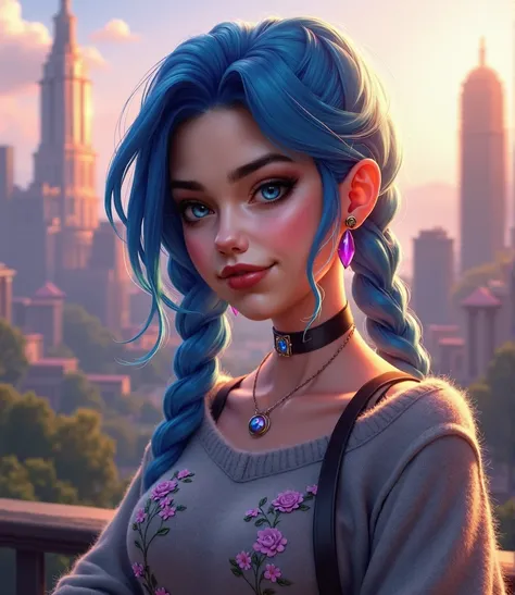 (photorealism1.2) jinx from league of legends, beautiful white 34 years old woman, purple eyes, blue braided hair, one braid, little eyes, grey sweater with flower embroidery, light pink lips, smiling, picture of city by the side of character, morning ligh...