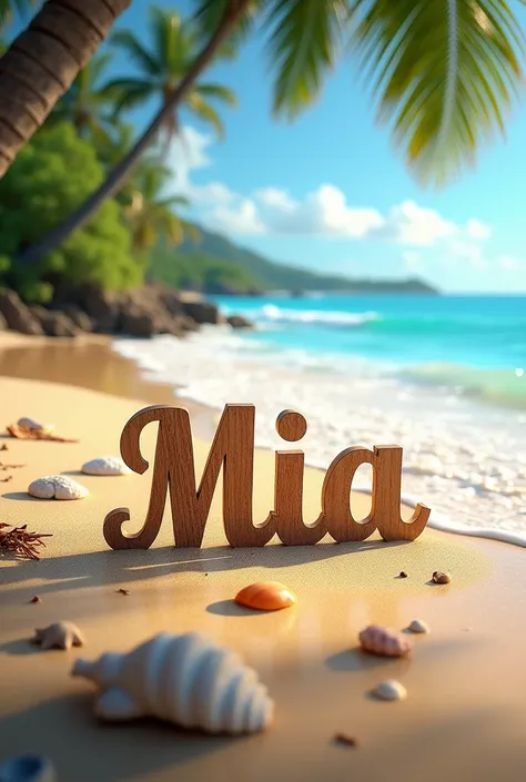 Make a beach and add the name of Mia 