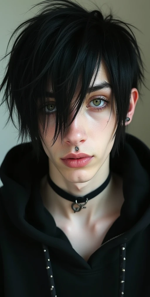  Male, 19 years old, black hair, emo styled hair, long hair, deep green eyes, blind in the left eye, pale skin, angular face, high cheekbones, defined jawline, thin lips, slightly upturned nose, emo boy, ear piercings, ear gauges, septum nose ring, vertica...