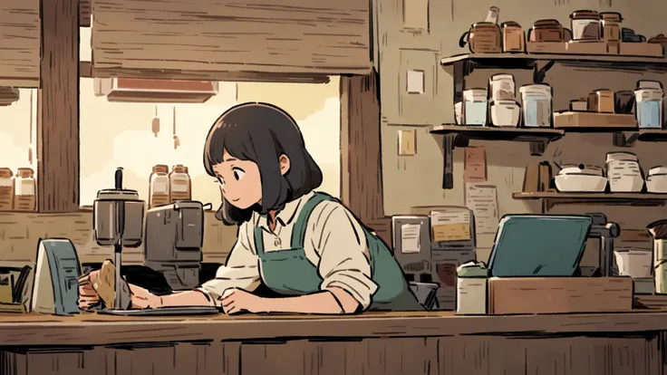 Woman working in a café ,Ghibli studio style