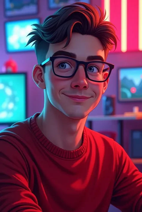 fais un gars de 19 ans avec lunettes et cheveux cours (dégradé) dans un décors gaming avec des led, un peu en cartoon, et un pull rouge 