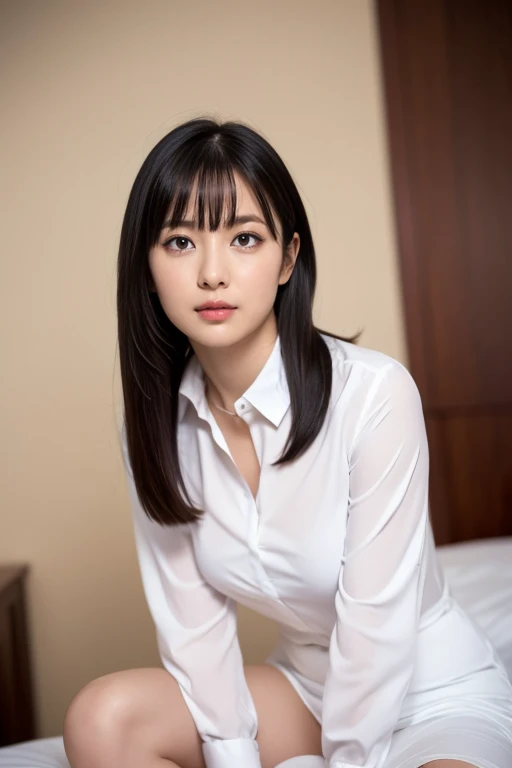 Realistic、 best quality, super detailed,masterpiece, hentele realism ,Photoreal、 bright lighting,1 woman is ,  a very beautiful woman, (Cute:1.2),A faint smile, perfect shiny skin, Perfect Skin,  watch viewers ,Thick lips、(Oval Face)、Even bangs、Hide your e...