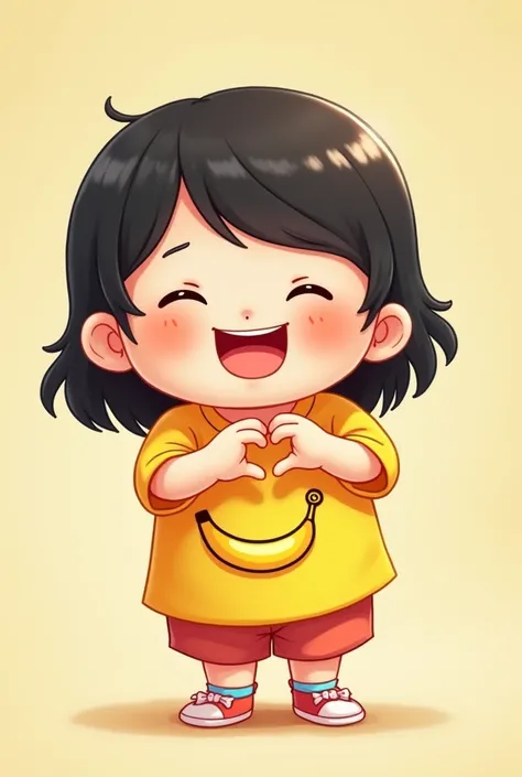 "A cute Chubby Girl with a round face and a joyful smile, showing a playful and happy expression. A cute Chubby Girl has Bang short black hair and rosy cheeks, wearing Yellow T-shirt with a banana design on it. heart hands pose,, " 2d cartoon , full body