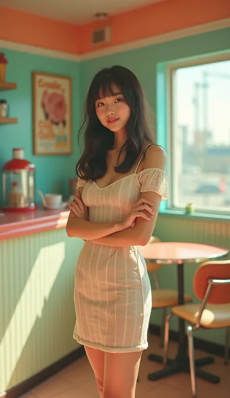 (1girls shot:1.3),(JAPANESE_pretty_13yo:1.5),Portrait MagMix Girl looking at the camera,(no_shoulder_casual_dress:1.3),(see_through_dress:1.3),(tight_dress_micro_skirt:1.2), A retro ice cream shop with pastel-colored walls, Classic Soda Fountain Counter, V...