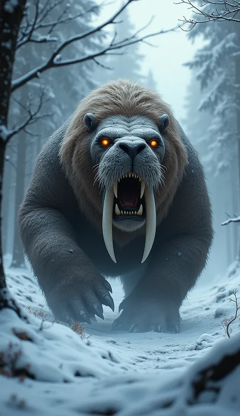 A chilling creature with the tusks and blubbery body of a walrus fused with the muscular frame and ferocious roar of a lion, prowling the icy edges of the forest.