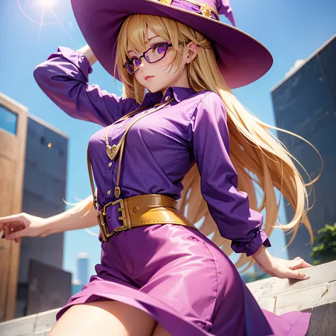 A Girl with Glasses, Cute Face, Purple Shirt, BLONDE Hair, PINK Eyes, Yellow Witch Hat