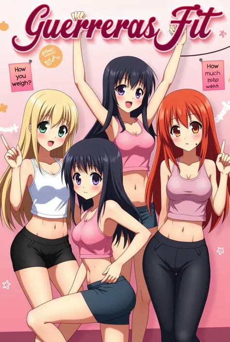 
 Create an anime-style image for an exercise group called  "Guerreras Fit ."  The image should show four kawaii women in exercise clothes ,  in a prominent pose that looks like the cover of an anime . The title "Guerreras Fit "  should appear on the top w...