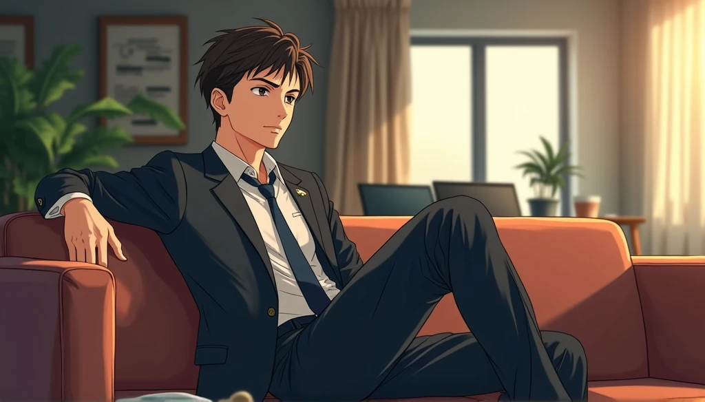 Anime style male businessman sitting on sofa facing backwards