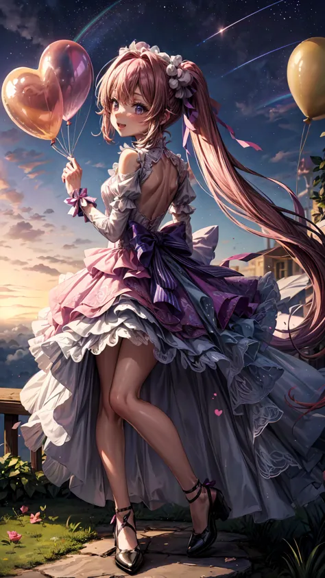 ( full body, legs and shoes visible: 1.2)) expressive eyes, woman, Pale skin, Long Hair,  hair that flutters like, ((absurdly Long Hair)),  Long Side Locks , Princess Bangs, Hair bangs, Hair Bun, ((  extra long twin tail )), Rainbow Hair,  light pink hair ...