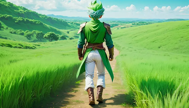 8K high resolution images ,  realist, Green clothes、 green hair、 white pants、Wearing、 dragon quest  、Walking on the prairie、Green hair、 Young Male Hero、Rear view