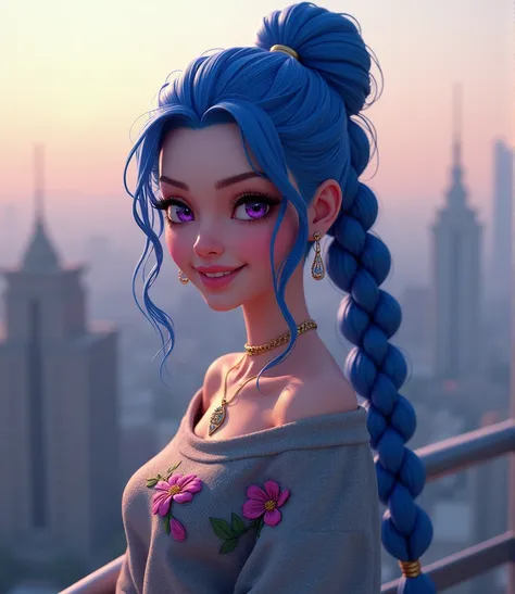 (photorealism1.2) jinx from league of legends, beautiful white 34 years old woman, purple eyes, blue braided hair, one braid, little eyes, grey sweater with flower embroidery, light pink lips, smiling, frame of city by the side of character, morning light