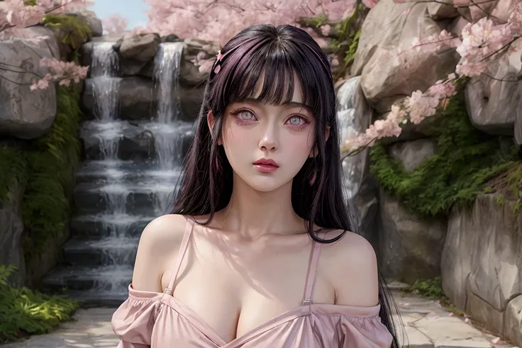 masterpiece, absurdres, hinata(boruto), 1girl, solo,mature female, off-shoulder, bra strap, high waist short skirt, looking at viewer, (falling petals), perfect composition, detailed lips, big breast, beautiful face, body propotion, blush, (pink lips), lon...