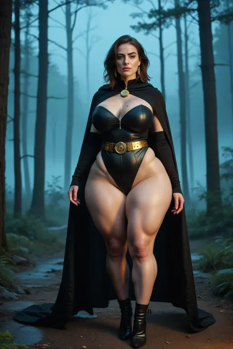 Laura Marano, cowboy shot of rvn, hotraven, pale skin, black LEATHER leotard, tights, cape, gold belt, jewels, medallion, athletic, looking at viewer, night, dark forest, mist, fog, volumetric lighting, best quality, masterpiece, intricate details, tonemap...