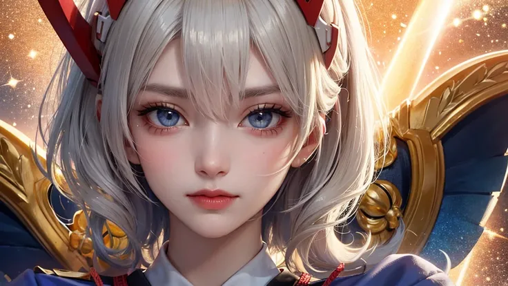 masterpiece， best quality，8k， detailed skin texture ， Detailed Cloth Texture ，Beautifully detailed face， complex details， super detailed，Portrait of Rei Ayanami，Blonde，Red colored eyes， black headgear on the head,Pixieカット，Shining Skin Hair Ornaments, Gold ...